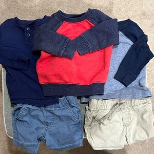 12 Mo Boys Cat & Jack Bundle- 2 pants, 2 LS Shirts, 1 Sweatshirt Blue/Red/Tan